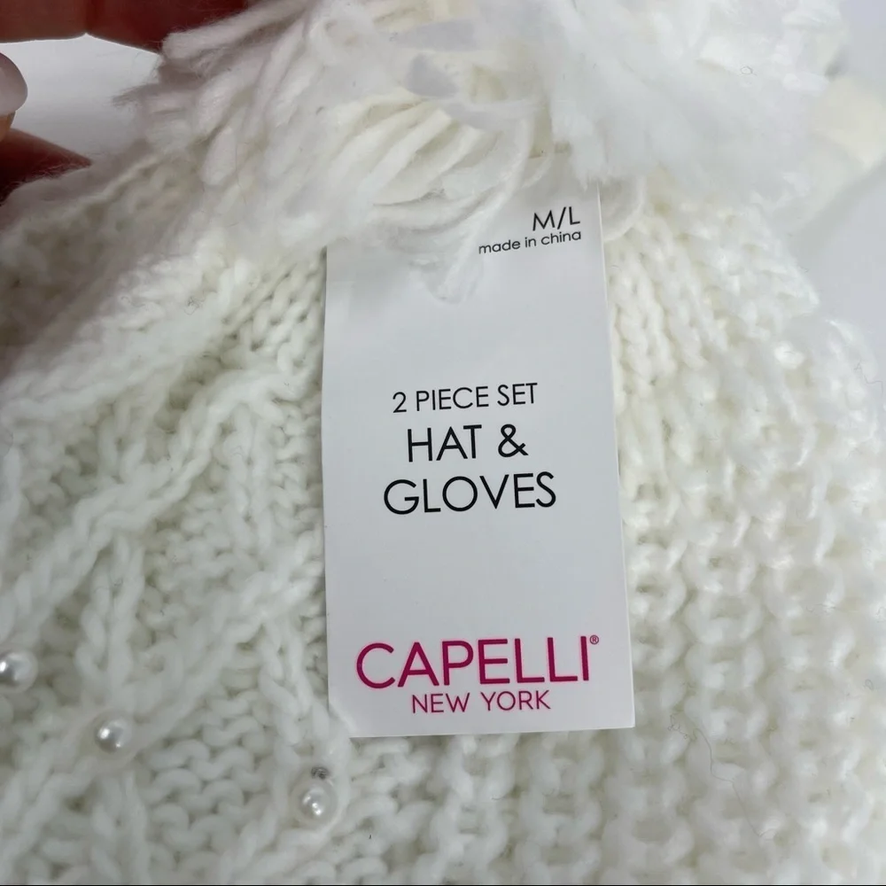 Capelli New York Hat & Gloves 2 piece set white pearl beading